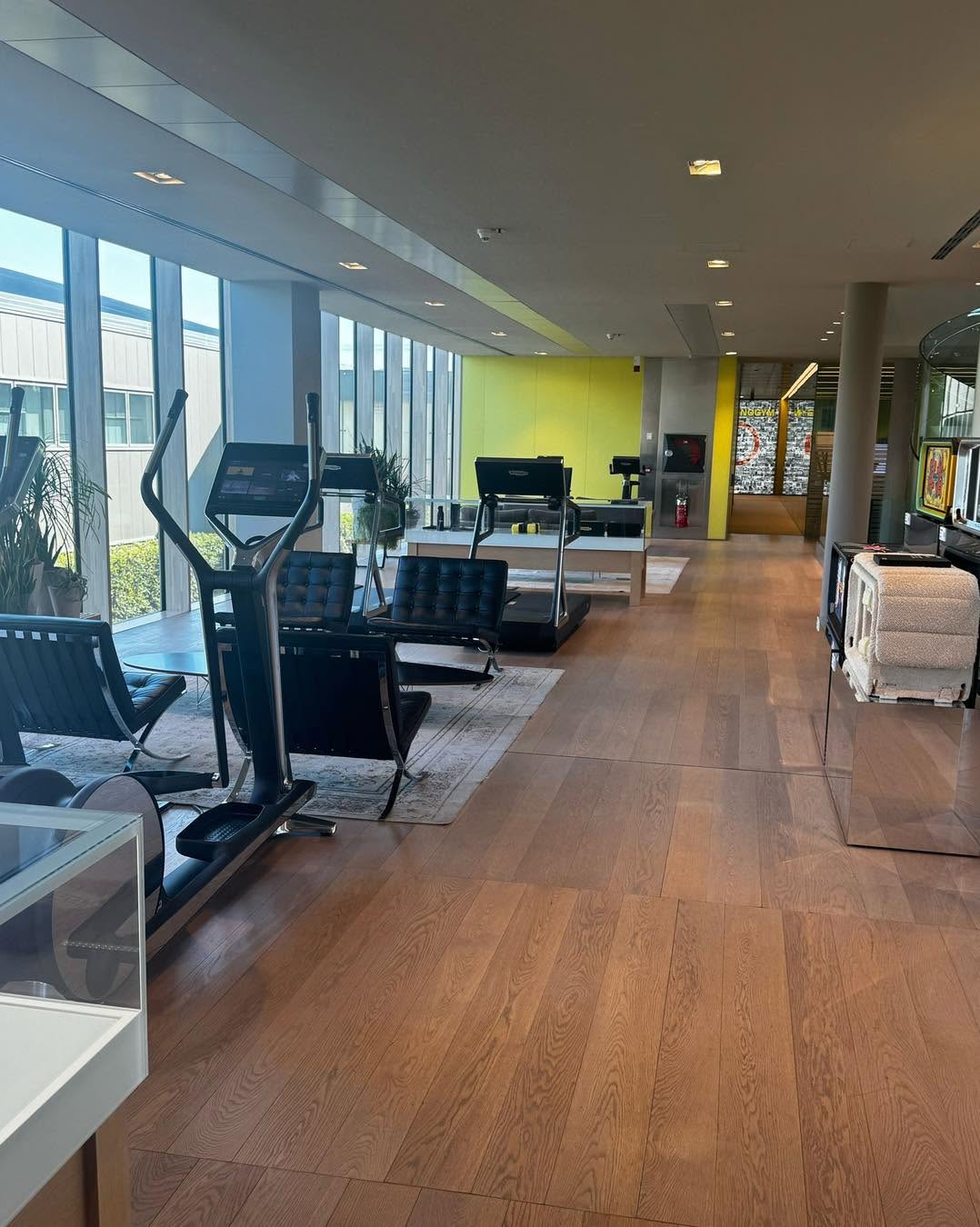 Sala con attrezzature Technogym: cyclette ellittica, tapis roulant e area relax
